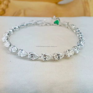 Pear Cut Diamond White <b>Gold</b> <b>Bracelet</b> with Green Heart Cut Diamond Lock <b>Charm</b> | Luxury Tennis <b>Bracelet</b> | Wedding Anniversary Gift - Product Image 1