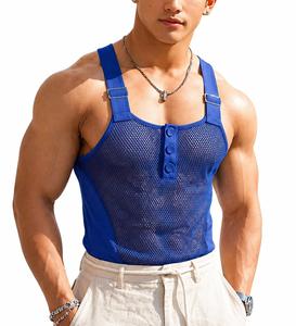 <b>Men's</b> <b>Mesh</b> Tank <b>Top</b> Square Collar Button Front Breathable Casual Knitted Spandex Polyester Style - Product Image 1
