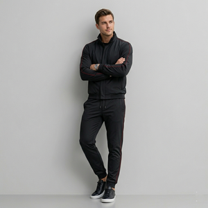 Men's Black <b>Tracksuit</b> Set Full Sleeve Stand Collar Zipper Closure Solid Color Casual Wear Polyester Material Autumn Style - Product Image 1