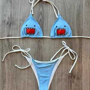 Women's Blue Cartoon Shark Bikini Set Crossed Halter Top <b>Thong</b> Bottom Spandex Polyester Swimwear - Product Image 1