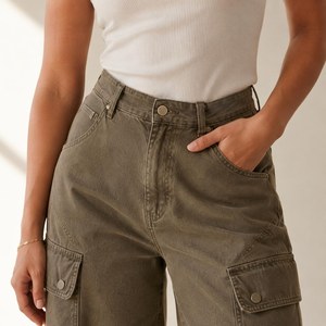 Pantalon cargo taille haute pour femme en toile coupe ample longueur intégrale couleur unie avec poches style décontracté pour le printemps - Product Image 3
