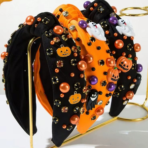 New Stylish <b>Halloween</b> Beaded Knotted <b>Headband</b> Set Handmade Pumpkin Ghost Pearl Hair Accessories for Women & Girls Events Gifting - Product Image 1