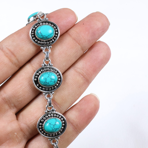 Wholesale Vintage Style Turquoise Gemstone Oval Link <b>Bracelet</b> 925 Sterling Silver Plated Toggle Clasp Handcrafted <b>Boho</b> Jewelry - Product Image 5