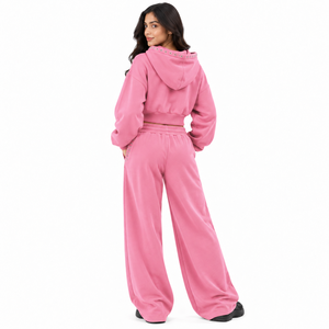 Ensemble de survêtement tendance pour femme, rose, avec sweat à capuche court et pantalon large, broderie de lettres personnalisée, détails œillet, en molleton – Fournisseur - Product Image 2