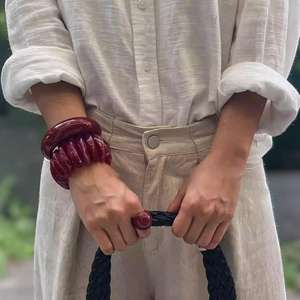Handmade Burgundy Wine Resin Bangle Jewelry Set Resin Craft Chunky Elastic <b>Stretch</b> <b>Bracelet</b> Open Cuff Ring Women Wholesale - Product Image 5