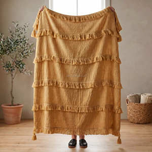 <b>Mustard</b> Cotton Woven Throw with Decorative Layered Texture and Fringe 140x200 cm for Boho Rustic Living Room Styling - Product Image 1