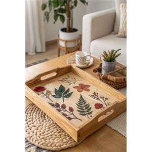 Plateau de service en bois fait main avec incrustation de fleurs pressées en résine, plateau décoratif en chêne avec poignées pour la maison et la restauration - Product Image 6
