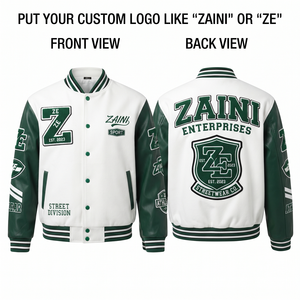 Chaqueta Varsity ZAINI Premium de 350 GSM con Mezcla de Lana, Resistente al Viento, Cuello Alto, Color Mostaza y Negro, Mangas en Contraste, Letras de Chenilla Personalizadas - Product Image 1