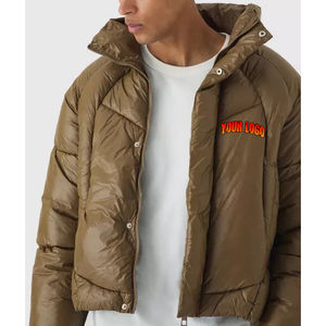 Chaqueta Corta de Invierno para Hombre, Tendencia Actual, Chaqueta Acolchada Marrón Brillante con Cuello de Broche, Acolchado Aislante, Cierre Frontal con Cremallera, Hecha de Lona - Product Image 4