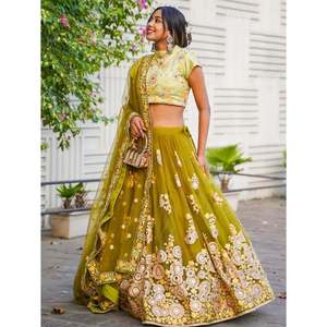 Ravishing <b>Green</b> Mirror Embroidered <b>Net</b> Lehenga Choli for Wedding Reception - Product Image 6