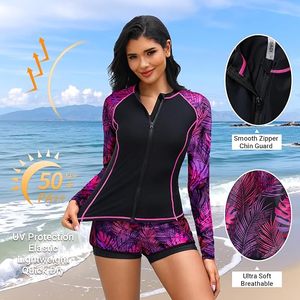 Women's 3 Piece Swimwear <b>Set</b> High Neck Long Sleeve Top Bandeau Bra Shorts Plant Print Contrast Binding Spandex Polyester - Product Image 3