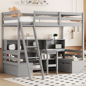 Letto a soppalco grigio per bambini con ripiani contenitore, cassetti, seduta e scrivania - Product Image 4
