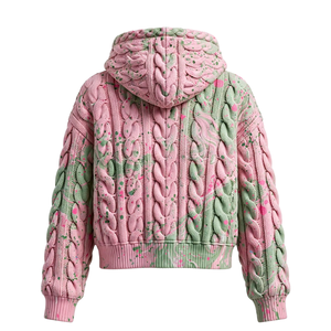 Pull à capuche rose et vert en tricot torsadé, motif éclaboussures de peinture, cordons de serrage tressés, manches longues, poignets et ourlet côtelés, style streetwear tendance - Product Image 2