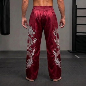 Men's <b>Red</b> <b>Silk</b> Kung Fu Pants Hand Embroidered Dragon Loose Fit Breathable Martial Arts Wear With Cheap Price & OEM Service - Product Image 2