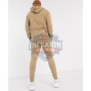 Men's Khaki Hooded <b>Tracksuit</b> Full Length Solid Color Casual Sweatshirt And Pants Set With Drawstring Closure And Side Pockets - Product Image 3