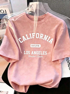 T-shirt à manches courtes col rond rose pour femme, 100% coton tricoté, couleur unie, décontracté, respirant, à porter au printemps et en été - Product Image 1