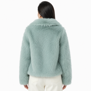 Veste en fausse fourrure vert menthe pour femme avec bordure en fourrure, manches longues, courte, décontractée, chaude pour l'hiver - Product Image 2