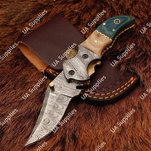 Navaja de Bolsillo Plegable de Damasco Forjada a Mano Personalizada, Hoja Afilada como una Cuchilla, Funda de Cuero Micarta, Bloqueo Liner Lock, Táctica, EDC, Supervivencia, OEM - Product Image 3