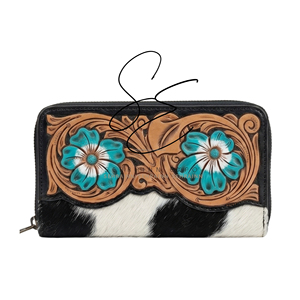 Wester Turquoise-White Floral Genuine Cowhide Zip <b>Wallet</b> Handmade Tooled Leather Long Purse for Women Card Cash <b>Holder</b> - Product Image 1