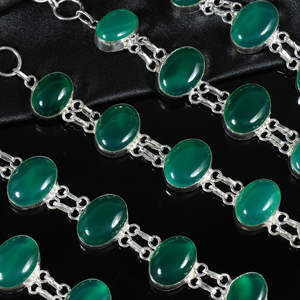 Handmade 925 Sterling Silver Plated Green Chalcedony / Green Onyx Gemstone Multi-<b>Stone</b> Oval Link <b>Bracelet</b> Opaque <b>Stone</b> Jewelry - Product Image 6