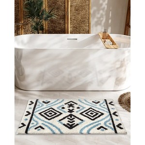 Geometric Bohemian Cotton <b>Bath</b> <b>Mat</b> Rectangle Non-Slip Rubber Backing Thick Tufted Flock Print White Blue <b>Black</b> Home Use - Product Image 2