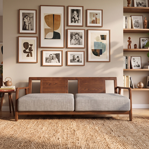 Canapé convertible deux places en bois massif de style Mid-Century Modern, avec dossier rembourré en tissu et assise semi-circulaire capitonnée pour salon - Product Image 4