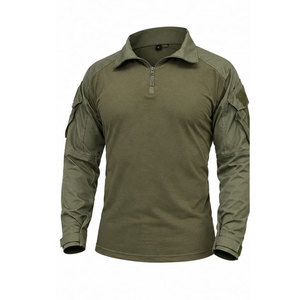 Chemise à manches longues pour homme, vert olive, col montant, séchage rapide, style vêtements de travail, coupe classique, couleur unie, tissu tissé - Product Image 2