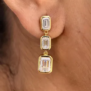 <b>Emerald</b> Cut Lab Grown Diamond Earrings in Yellow Gold, Luxury Elegant <b>Stud</b> Earrings for Women, Bridal Anniversary Wedding Gift - Product Image 1