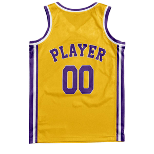 Conjunto de Uniforme de Baloncesto Retro Personalizado en Amarillo con Cuello y Borde Morado, Jersey y Pantalones Cortos, Diseño con Nombre y Número del Equipo - Product Image 4