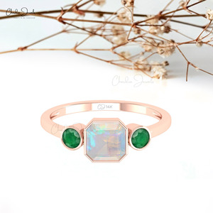 Chordia Jewels 14K Solid <b>Gold</b> Natural 6mm Opal Octagon <b>Ring</b> Bezel <b>Set</b> With Emerald Side Stones Women's Classic Engagement <b>Ring</b> - Product Image 2