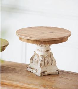 Handmade Round Wooden Cake Stand with Distressed White Base Decorative Pedestal for Cake Display at Best Price - Product Image 1