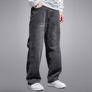 Pantalon en jean de coton délavé pour homme, coupe droite, taille élastique, décontracté, noir délavé, en toile mi-lourde, pour l'automne - Product Image 4