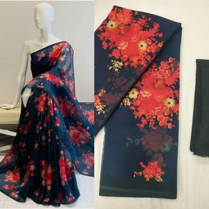 คอลเลคชั่นผ้าส่าหรีอินเดียใหม่ล่าสุดจาก RN New Designer ผ้าส่าหรีจอร์เจตต์พิมพ์ลายดอกไม้สวยงาม แห้งเร็ว คุณภาพเยี่ยม พร้อมเสื้อคลุมลำลองสำหรับฤดูร้อน - Product Image 2