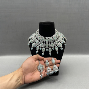 <b>Silver</b> Plated Fine Jewelry Set with Crystal Stone and Beads Necklace - Product Image 1