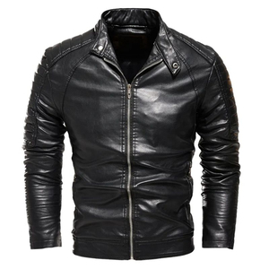 Nouvelle veste de moto en cuir PU noir pour homme, col montant, fermeture éclair, coupe ajustée, style motard, pour l'automne - Product Image 4