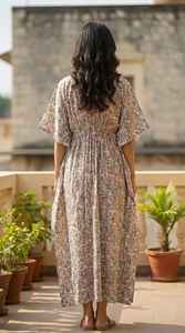 Robe kaftan en coton fleuri pour femmes, col en V, coupe décontractée, tenue de salon d'été - Product Image 4