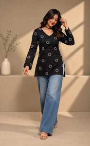 Kurta d'été noir imprimé en rayonne, coupe droite simple, col en V, manches longues, style décontracté, pour femme, style Inde Pakistan - Product Image 5