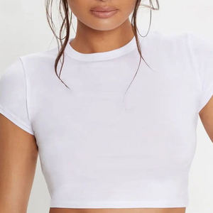 Camiseta Corta Blanca para Mujer, Cuello Redondo, Manga Corta, Corte Ajustado, Informal, 100% Algodón Jersey, Transpirable, Primavera Verano - Product Image 5
