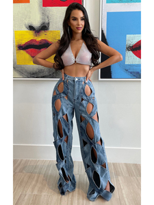 High Waist Wide Leg Denim Pants Women Plus Size Hollow Out Stonewashed Sexy Club Style Full Length Jeans Summer Fashion - Product Image 5