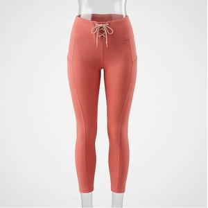 High Waist <b>Ankle</b>-<b>Length</b> Yoga <b>Leggings</b> With Drawstring Solid Color Spandex Nylon Four-Way Stretch Seamless Design - Product Image 1