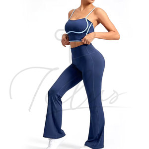 Women 2 Piece Yoga Set Blue <b>Crop</b> <b>Top</b> With Contrast Binding High Waist Flared Leggings Activewear Fitness Yoga Sets - Product Image 4