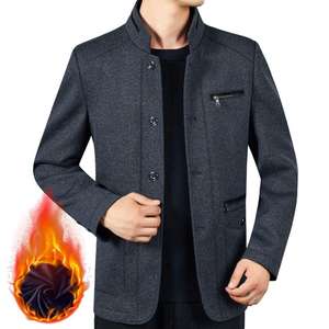 Veste d'hiver pour hommes à revers à manches longues Manteau à simple boutonnage en peluche avec fermeture éclair Poches extérieures Manteau thermique mi-long pour père- - Product Image 2