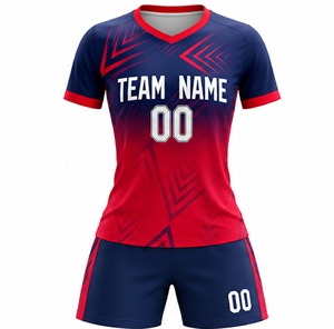Ensemble de maillot ajusté à manches courtes et col en V pour femme, sublimation dégradée bleu marine et rouge - Product Image 1