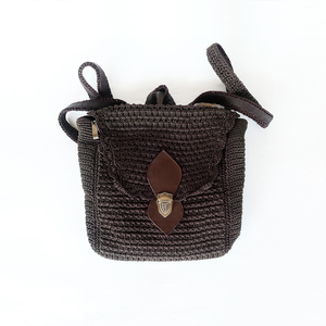 Handcrafted Indonesian Crochet Knit <b>Backpack</b> Nylon Yarn Faux <b>Leather</b> Trim Casual Dark Brown <b>Small</b> Rucksack Bag Handbag - Product Image 1