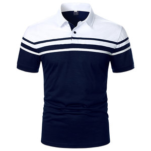Chemise à rayures pour homme, manches courtes, coupe ajustée, bordure contrastée, décontractée, tricotée, bleu marine et blanc, design bicolore - Product Image 1