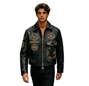 Custom Vintage Distressed PU <b>Leather</b> <b>Jacket</b> with DTG Print and Embroidered Patches for Men <b>Retro</b> Streetwear Coat - Product Image 1