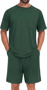 Conjunto de Pijama de Dos Piezas para Hombre, Verano, Casual, 100% Algodón, Tejido de Punto, Color Verde Sólido, Camiseta de Manga Corta y Pantalones Cortos - Product Image 3
