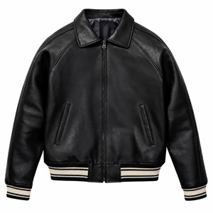Blouson aviateur en cuir véritable noir pour homme, col rabattu, fermeture éclair, coupe classique, pour l'automne - Product Image 1