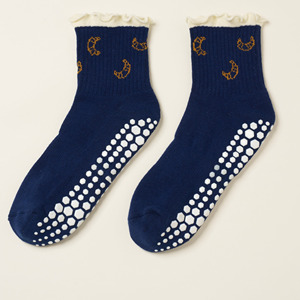 Custom Logo Navy Blue Ankle <b>Socks</b> With Croissant Pattern Anti-Slip <b>White</b> <b>Grips</b> Cotton Knitted - Product Image 1