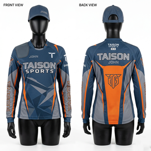 เสื้อเจอร์ซีย์สำหรับผู้หญิง คุณภาพเยี่ยม 155 GSM ผ้าโพลีเอสเตอร์ตาข่ายแห้งเร็ว สีน้ำเงินเทา ระบบแผงตัดต่อสีตัดกัน พิมพ์ลายโลโก้ตามสั่ง - Product Image 1